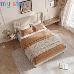 Superaly 140x200cm Upholstered Wingback Bed with Linen Fabric, Queen Bed Frame with Channel Tufted Headboard, Beige, No Box Spri