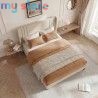 Superaly 140x200cm Upholstered Wingback Bed with Linen Fabric, Queen Bed Frame with Channel Tufted Headboard, Beige, No Box Spri