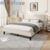 Superaly 140x200cm Upholstered Wingback Bed with Linen Fabric, Queen Bed Frame with Channel Tufted Headboard, Beige, No Box Spri