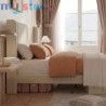 Superaly 140x200cm Upholstered Wingback Bed with Linen Fabric, Queen Bed Frame with Channel Tufted Headboard, Beige, No Box Spri
