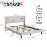 Superaly 140x200cm Upholstered Wingback Bed with Linen Fabric, Queen Bed Frame with Channel Tufted Headboard, Beige, No Box Spri
