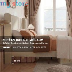 Superaly 140x200cm Upholstered Wingback Bed with Linen Fabric, Queen Bed Frame with Channel Tufted Headboard, Beige, No Box Spri