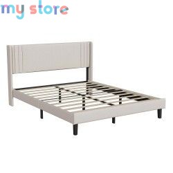 Superaly 140x200cm Upholstered Wingback Bed with Linen Fabric, Queen Bed Frame with Channel Tufted Headboard, Beige, No Box Spri