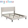 Superaly 140x200cm Upholstered Wingback Bed with Linen Fabric, Queen Bed Frame with Channel Tufted Headboard, Beige, No Box Spri