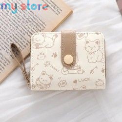 New Cat PU Leather Coin Purse Women Fashion Short Wallet Folding Zipper Wallet ID Card Holder Travel Lightweight Cash Coin Bags 