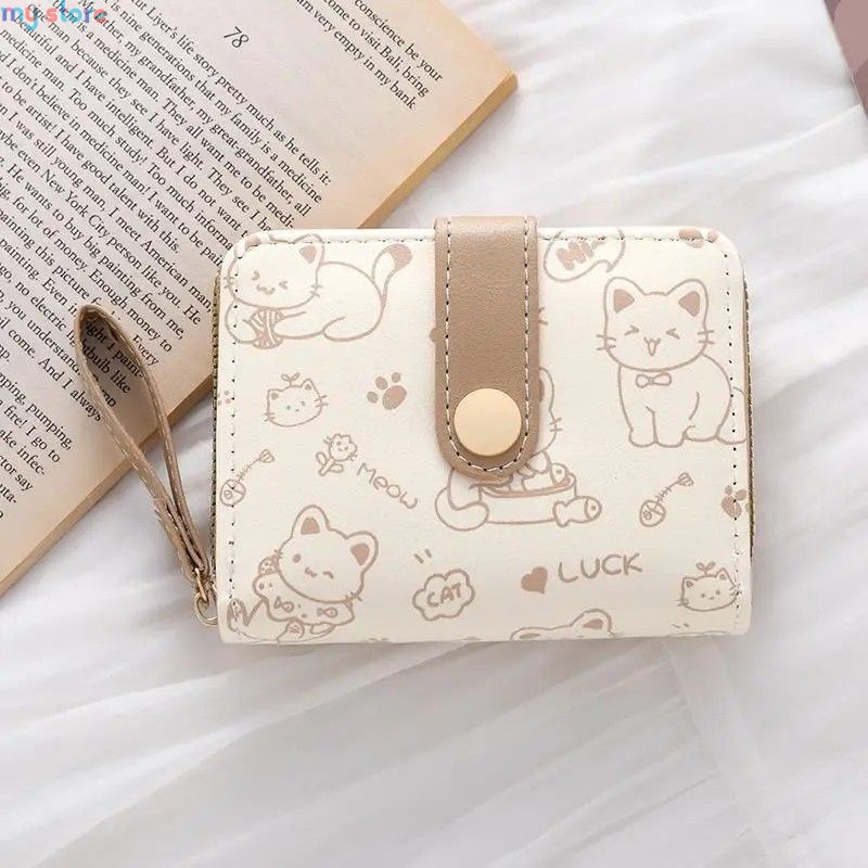 New Cat PU Leather Coin Purse Women Fashion Short Wallet Folding Zipper Wallet ID Card Holder Travel Lightweight Cash Coin Bags 