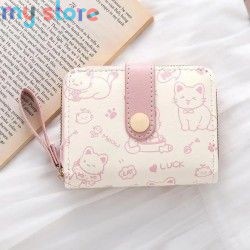 New Cat PU Leather Coin Purse Women Fashion Short Wallet Folding Zipper Wallet ID Card Holder Travel Lightweight Cash Coin Bags 