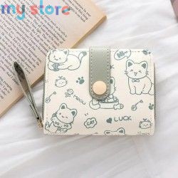 New Cat PU Leather Coin Purse Women Fashion Short Wallet Folding Zipper Wallet ID Card Holder Travel Lightweight Cash Coin Bags 