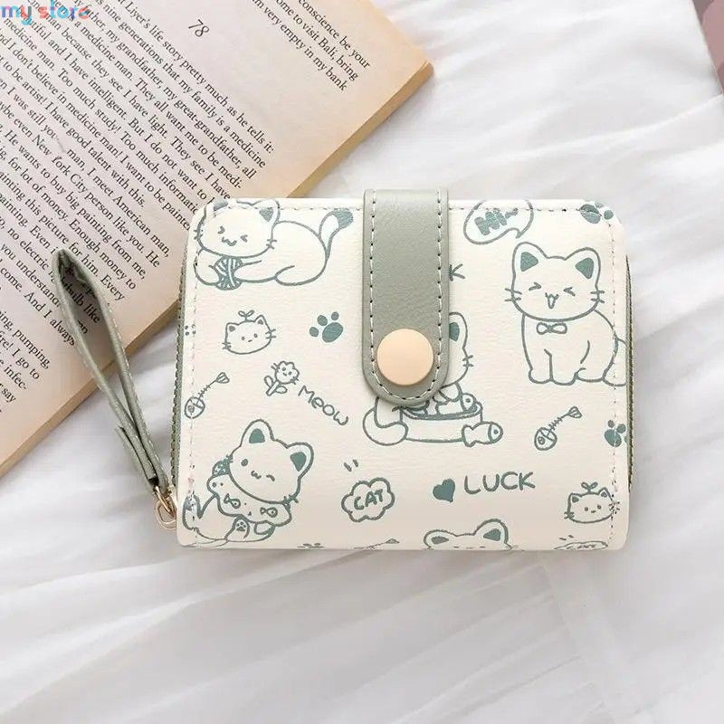 New Cat PU Leather Coin Purse Women Fashion Short Wallet Folding Zipper Wallet ID Card Holder Travel Lightweight Cash Coin Bags 