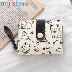 New Cat PU Leather Coin Purse Women Fashion Short Wallet Folding Zipper Wallet ID Card Holder Travel Lightweight Cash Coin Bags 