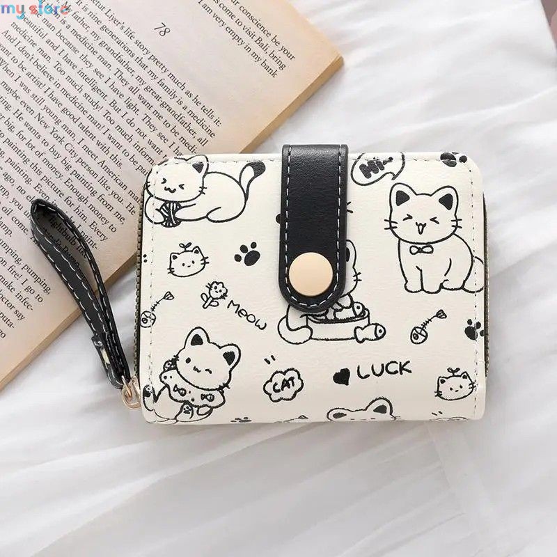 New Cat PU Leather Coin Purse Women Fashion Short Wallet Folding Zipper Wallet ID Card Holder Travel Lightweight Cash Coin Bags 