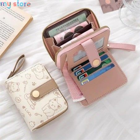 New Cat PU Leather Coin Purse Women Fashion Short Wallet Folding Zipper Wallet ID Card Holder Travel Lightweight Cash Coin Bags 