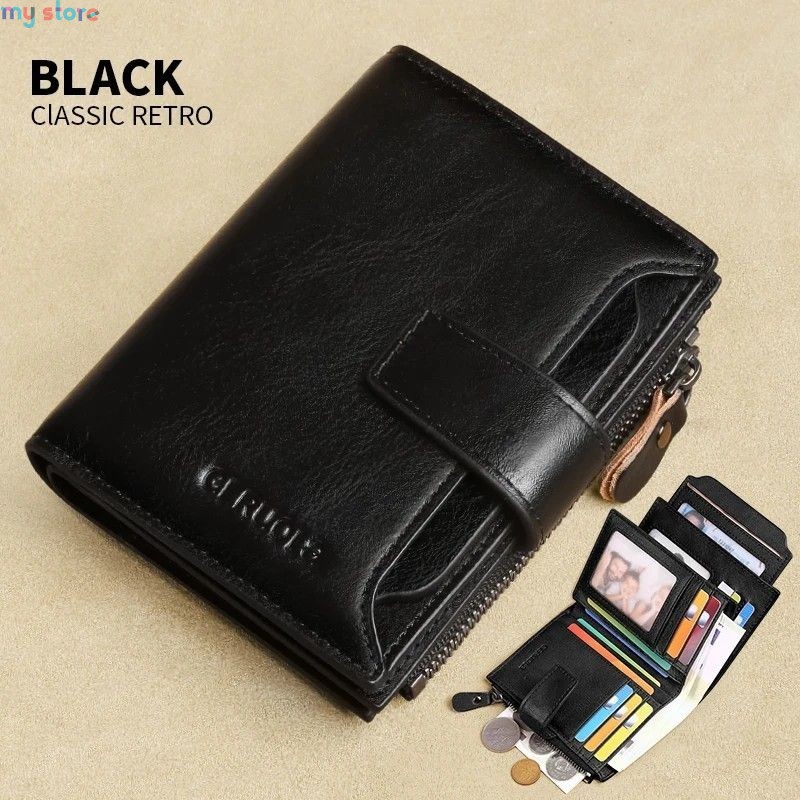 GERUOLA Men's Genuine Leather Wallet, Vintage RFID Blocking Anti-Theft Folding Wallet, ID Window, Coin Pocket, and Zipper Closur