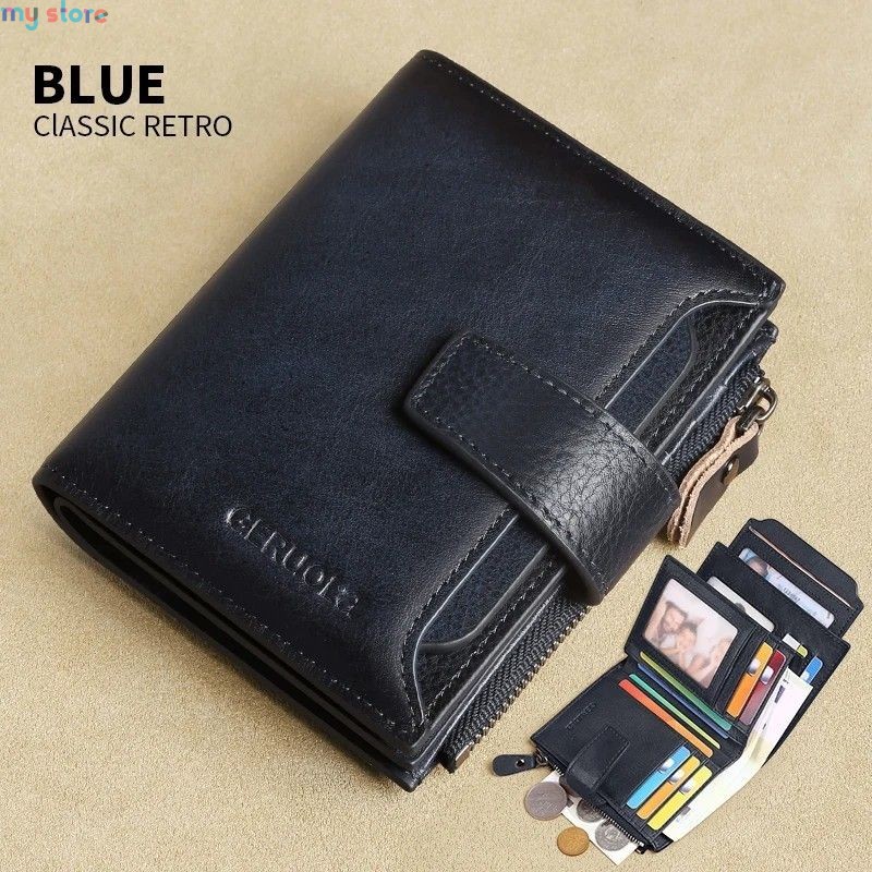 GERUOLA Men's Genuine Leather Wallet, Vintage RFID Blocking Anti-Theft Folding Wallet, ID Window, Coin Pocket, and Zipper Closur