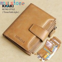 GERUOLA Men's Genuine Leather Wallet, Vintage RFID Blocking Anti-Theft Folding Wallet, ID Window, Coin Pocket, and Zipper Closur