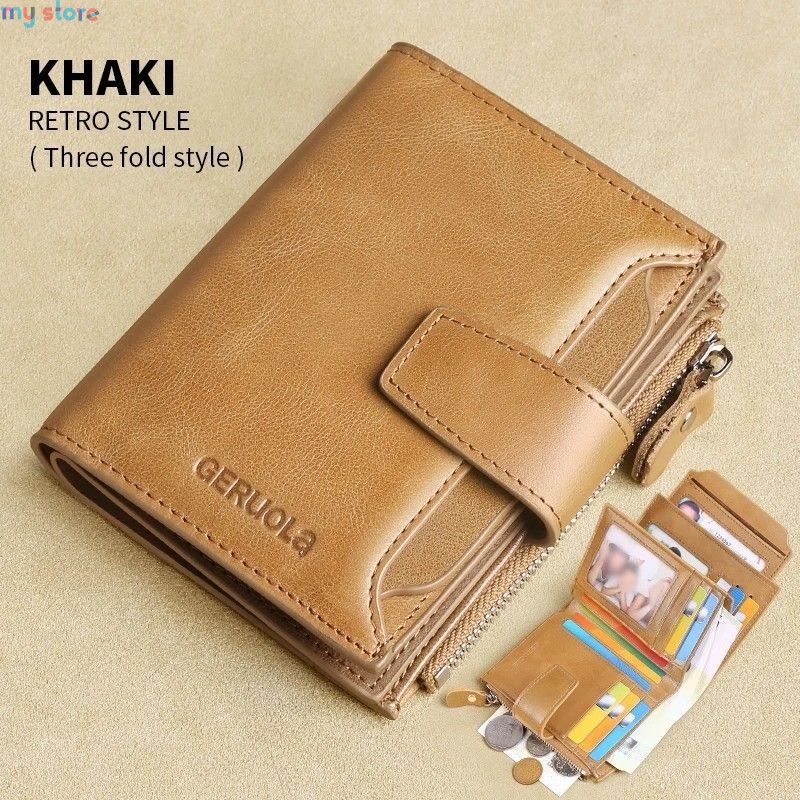 GERUOLA Men's Genuine Leather Wallet, Vintage RFID Blocking Anti-Theft Folding Wallet, ID Window, Coin Pocket, and Zipper Closur
