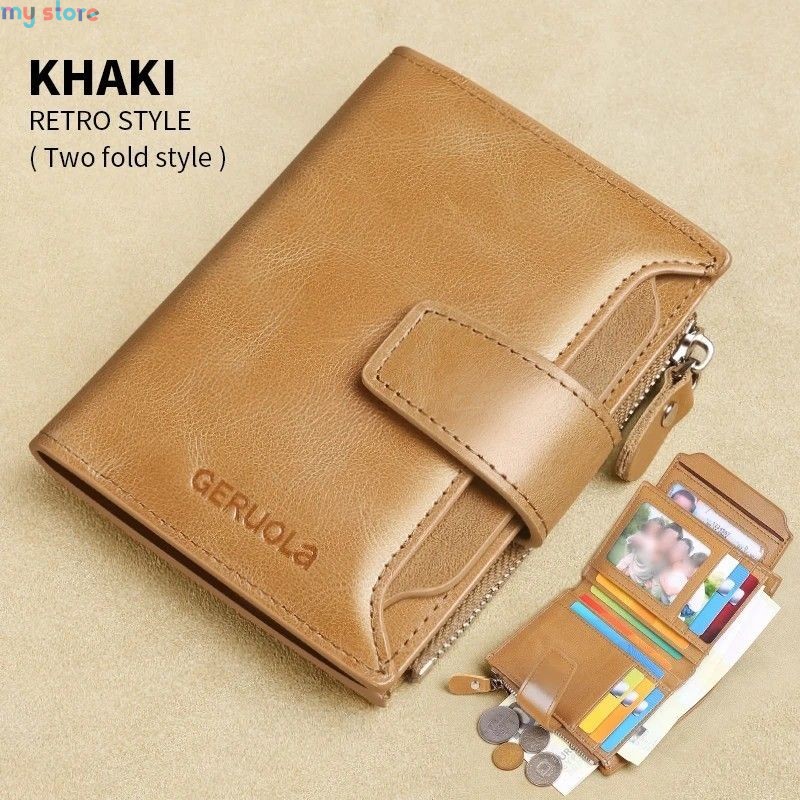 GERUOLA Men's Genuine Leather Wallet, Vintage RFID Blocking Anti-Theft Folding Wallet, ID Window, Coin Pocket, and Zipper Closur