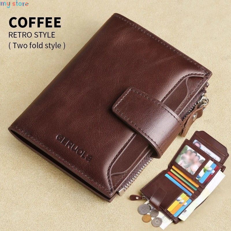 GERUOLA Men's Genuine Leather Wallet, Vintage RFID Blocking Anti-Theft Folding Wallet, ID Window, Coin Pocket, and Zipper Closur