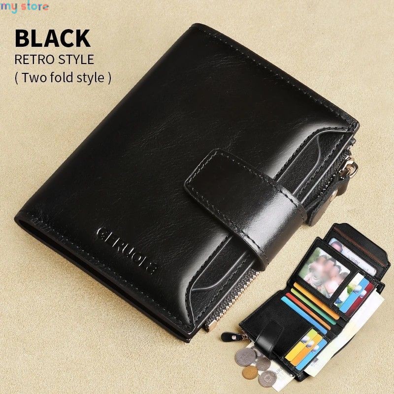 GERUOLA Men's Genuine Leather Wallet, Vintage RFID Blocking Anti-Theft Folding Wallet, ID Window, Coin Pocket, and Zipper Closur