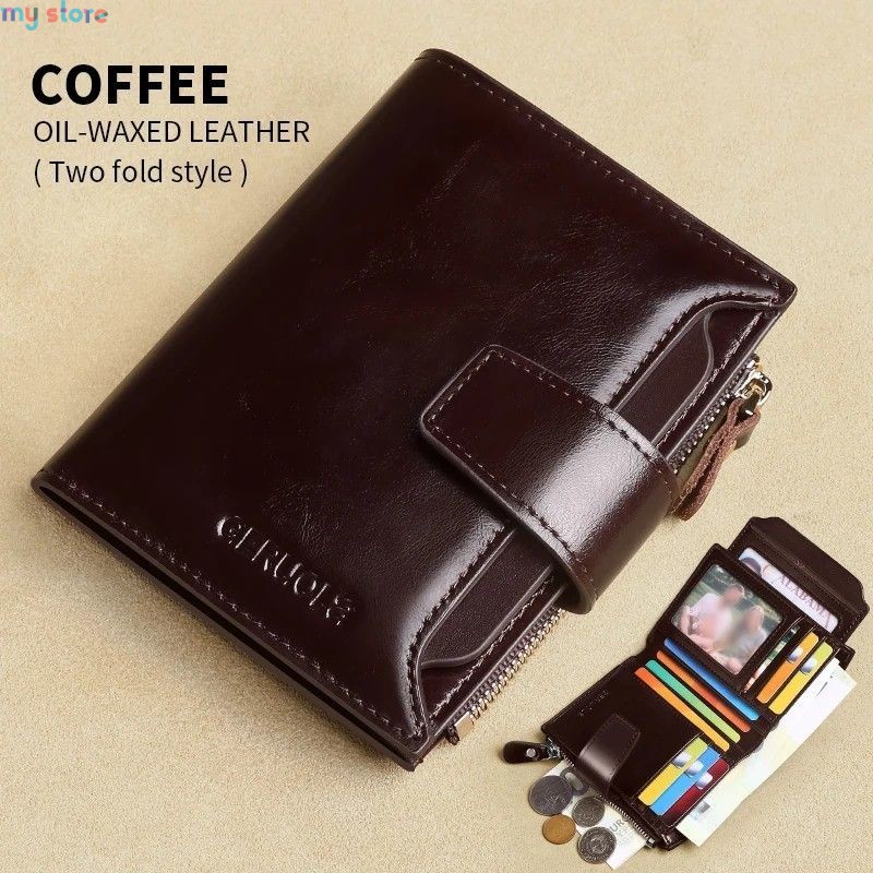 GERUOLA Men's Genuine Leather Wallet, Vintage RFID Blocking Anti-Theft Folding Wallet, ID Window, Coin Pocket, and Zipper Closur