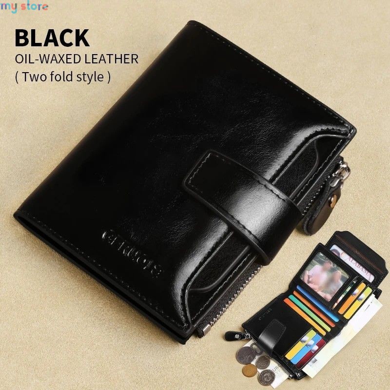 GERUOLA Men's Genuine Leather Wallet, Vintage RFID Blocking Anti-Theft Folding Wallet, ID Window, Coin Pocket, and Zipper Closur