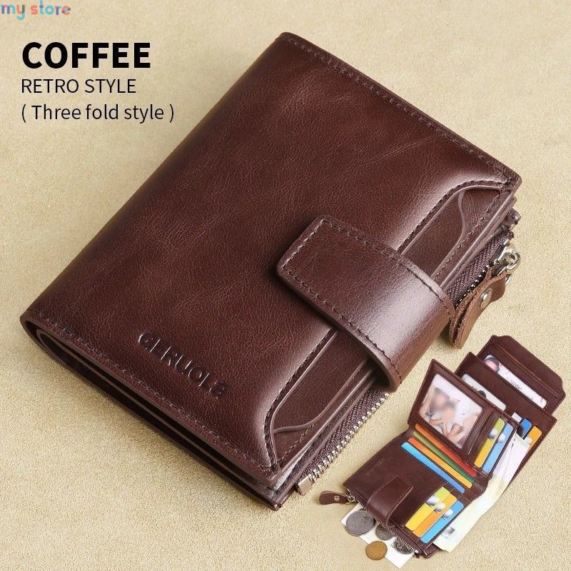 GERUOLA Men's Genuine Leather Wallet, Vintage RFID Blocking Anti-Theft Folding Wallet, ID Window, Coin Pocket, and Zipper Closur