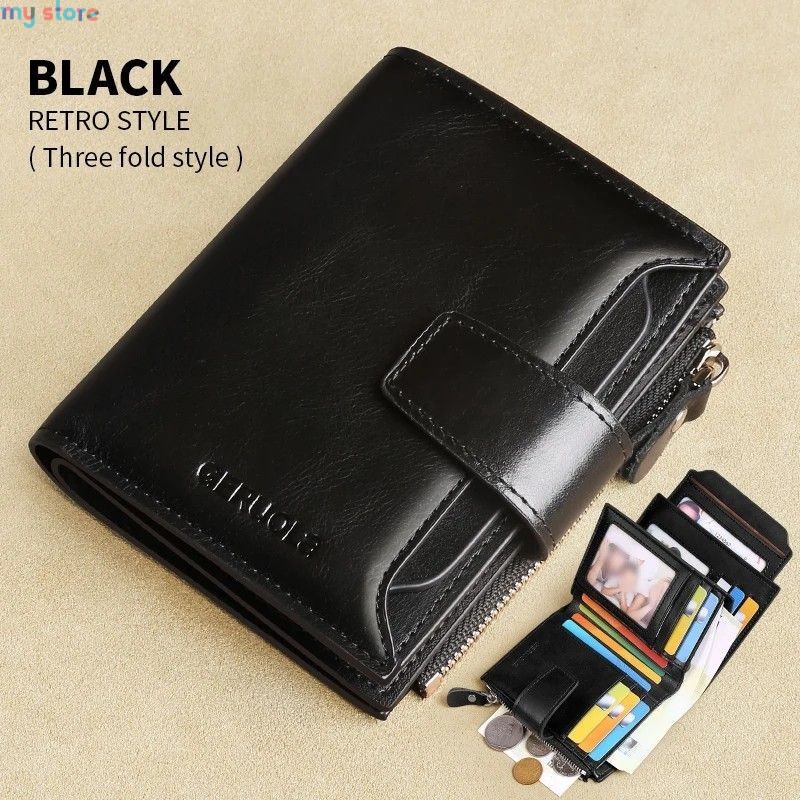 GERUOLA Men's Genuine Leather Wallet, Vintage RFID Blocking Anti-Theft Folding Wallet, ID Window, Coin Pocket, and Zipper Closur