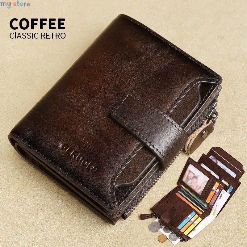 GERUOLA Men's Genuine Leather Wallet, Vintage RFID Blocking Anti-Theft Folding Wallet, ID Window, Coin Pocket, and Zipper Closur