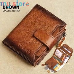 GERUOLA Men's Genuine Leather Wallet, Vintage RFID Blocking Anti-Theft Folding Wallet, ID Window, Coin Pocket, and Zipper Closur