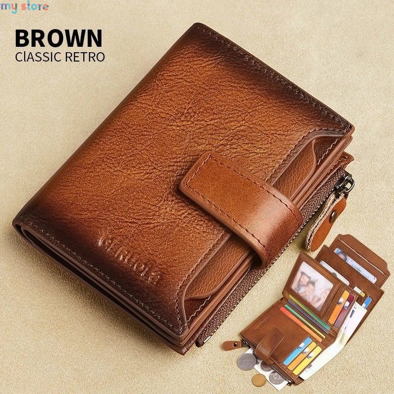 GERUOLA Men's Genuine Leather Wallet, Vintage RFID Blocking Anti-Theft Folding Wallet, ID Window, Coin Pocket, and Zipper Closur