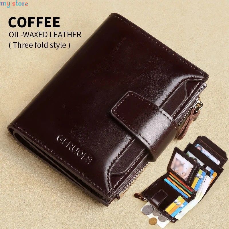 GERUOLA Men's Genuine Leather Wallet, Vintage RFID Blocking Anti-Theft Folding Wallet, ID Window, Coin Pocket, and Zipper Closur