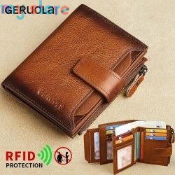 GERUOLA Men's Genuine Leather Wallet, Vintage RFID Blocking Anti-Theft Folding Wallet, ID Window, Coin Pocket, and Zipper Closur