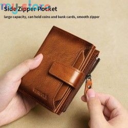 GERUOLA Men's Genuine Leather Wallet, Vintage RFID Blocking Anti-Theft Folding Wallet, ID Window, Coin Pocket, and Zipper Closur