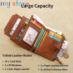 GERUOLA Men's Genuine Leather Wallet, Vintage RFID Blocking Anti-Theft Folding Wallet, ID Window, Coin Pocket, and Zipper Closur