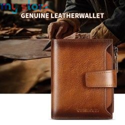GERUOLA Men's Genuine Leather Wallet, Vintage RFID Blocking Anti-Theft Folding Wallet, ID Window, Coin Pocket, and Zipper Closur