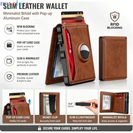 Men's Slim Leather Wallet RFID Blocking Minimalist Bifold with Pop up Aluminum Case Money Clip And Credit Card Holder [product.b