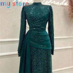 Customized High Neck Glitter Mermaid Prom Dresses Elegant Long Sleeves Floor-Length Formal Evening High Quality Classic Retro Ex