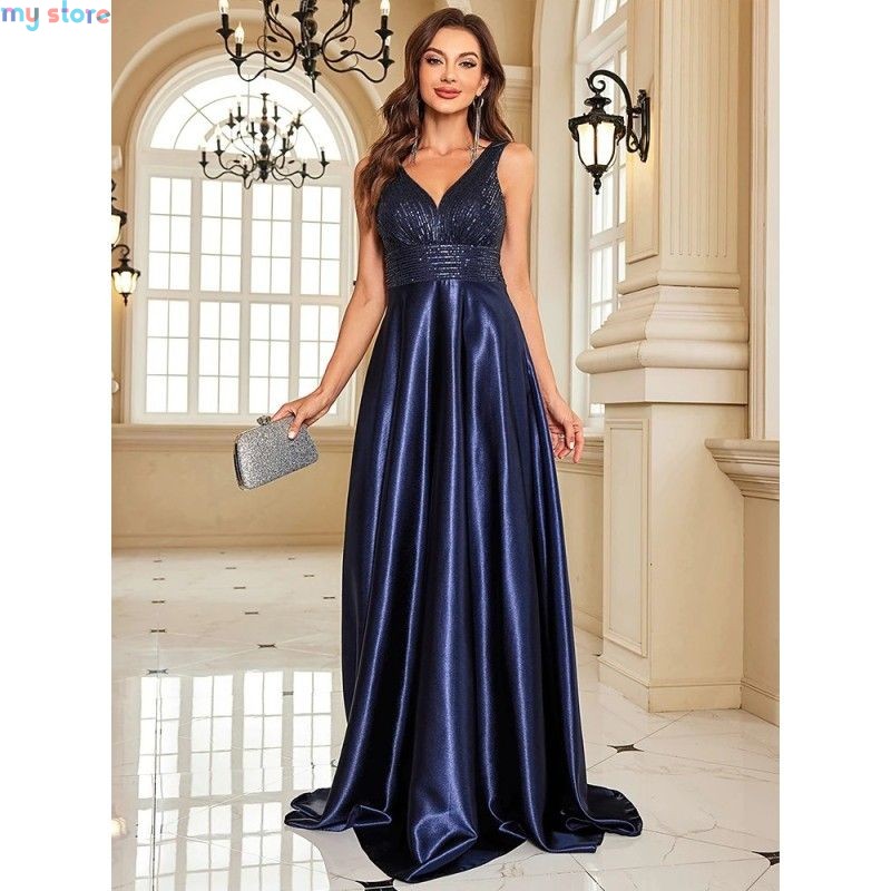 Elegant Sequins Evening Dress For Women 2024 Deep V-neck Satin Prom Party Green Dress Floor Length Blue Formal Gowns [product.br
