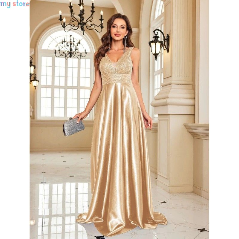 Elegant Sequins Evening Dress For Women 2024 Deep V-neck Satin Prom Party Green Dress Floor Length Blue Formal Gowns [product.br