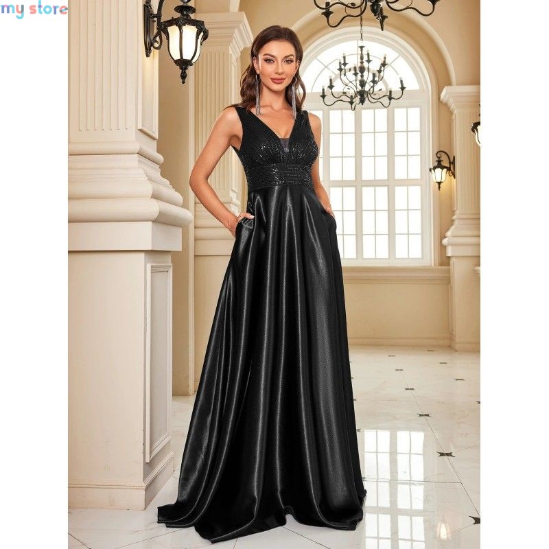 Elegant Sequins Evening Dress For Women 2024 Deep V-neck Satin Prom Party Green Dress Floor Length Blue Formal Gowns [product.br