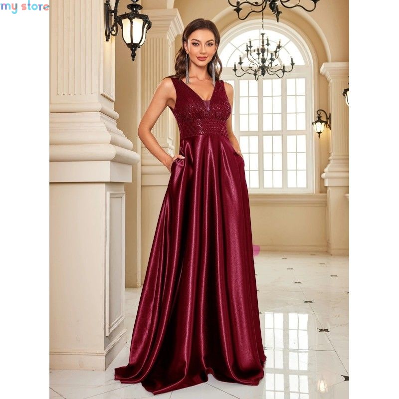 Elegant Sequins Evening Dress For Women 2024 Deep V-neck Satin Prom Party Green Dress Floor Length Blue Formal Gowns [product.br