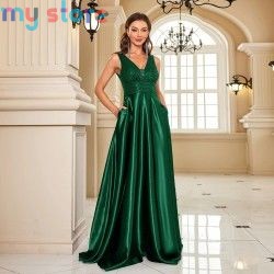 Elegant Sequins Evening Dress For Women 2024 Deep V-neck Satin Prom Party Green Dress Floor Length Blue Formal Gowns [product.br