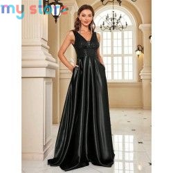 Elegant Sequins Evening Dress For Women 2024 Deep V-neck Satin Prom Party Green Dress Floor Length Blue Formal Gowns [product.br