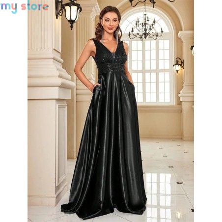Elegant Sequins Evening Dress For Women 2024 Deep V-neck Satin Prom Party Green Dress Floor Length Blue Formal Gowns [product.br