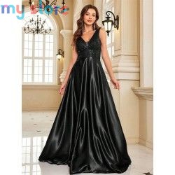 Elegant Sequins Evening Dress For Women 2024 Deep V-neck Satin Prom Party Green Dress Floor Length Blue Formal Gowns [product.br