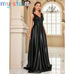 Elegant Sequins Evening Dress For Women 2024 Deep V-neck Satin Prom Party Green Dress Floor Length Blue Formal Gowns [product.br