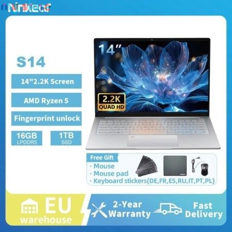 Ninkear S14 Laptop AMD Ryzen™ 5, 14 Inch 2.2K Screen 16GB LPDDR5 1TB SSD Wifi 6 Fingerprint Recognition Computer Notebook [produ