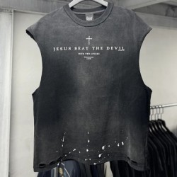 Jesus Beat The Devil Cross Print Tank Top Men Women Splashed Ink Saint