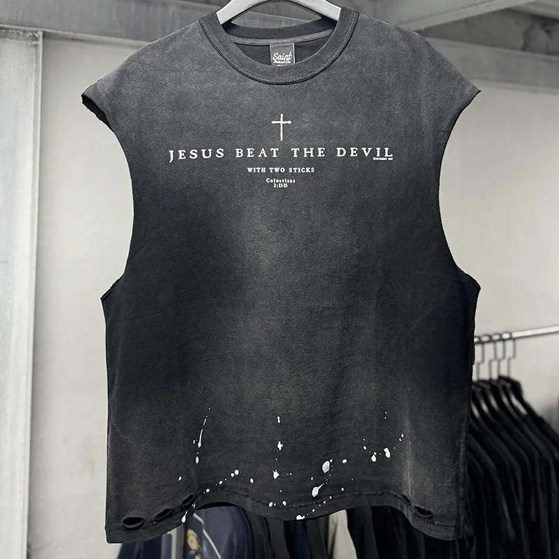 Jesus Beat The Devil Cross Print Tank Top Men Women Splashed Ink Saint