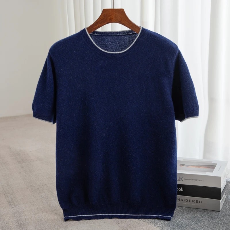 Men's T-shirt 2024 Summer New Knitted Tank Top Fashion Color Block Rou